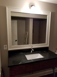 custom cut bathroom vanity mirror by Hopkins Glass Shower Door