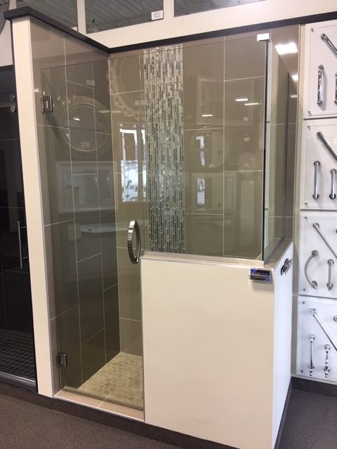 FRAMELESS HEAVY GLASS 90 DEGREE CORNER SHOWER ENCLOSURE WITH (2) STATIONARY BUTTRESS PANELS
